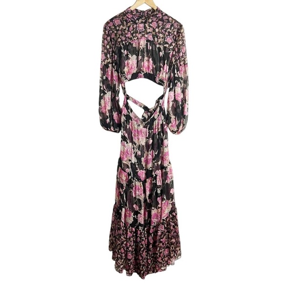 MISA Los Angeles Dresses & Skirts - MISA Charlotta Black Pink Floral Print Long Sleeve Open Back Maxi Dress Size XL